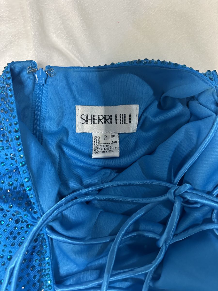 Style 55117 Sherri Hill Size 2 Prom Plunge Blue Cocktail Dress on Queenly