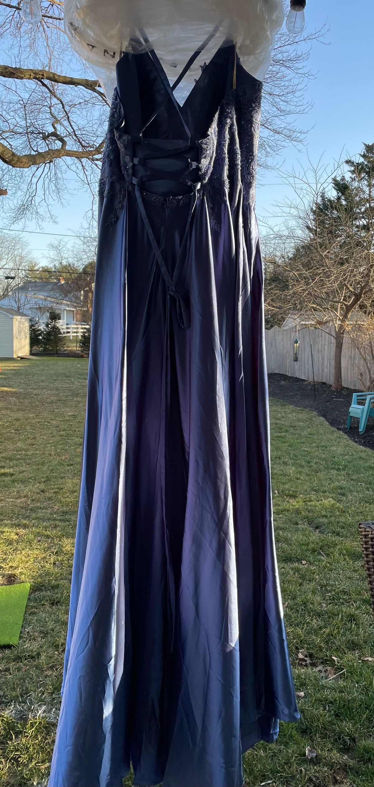 Style 9533 Faviana Plus Size 16 Prom Plunge Navy Blue A-line Dress on Queenly