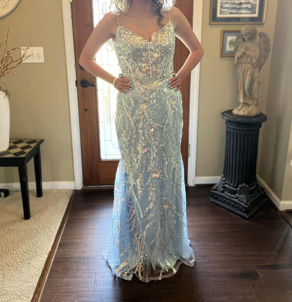 Sherri Hill Size 6 Prom Sheer Light Blue A-line Dress on Queenly