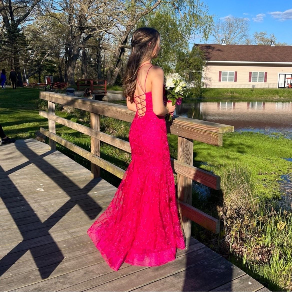 Style EW122032 Ellie Wilde Size 00 Prom Lace Hot Pink Dress With Train on Queenly
