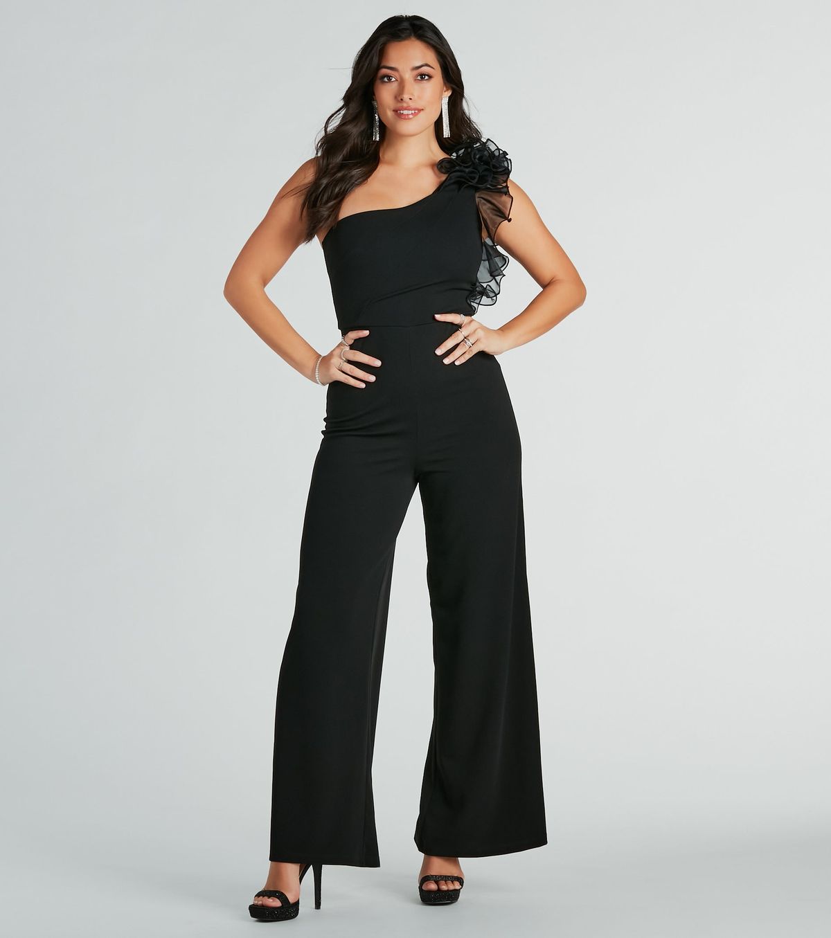 Style 06502-2413 Windsor Size S One Shoulder Black Formal Jumpsuit on Queenly
