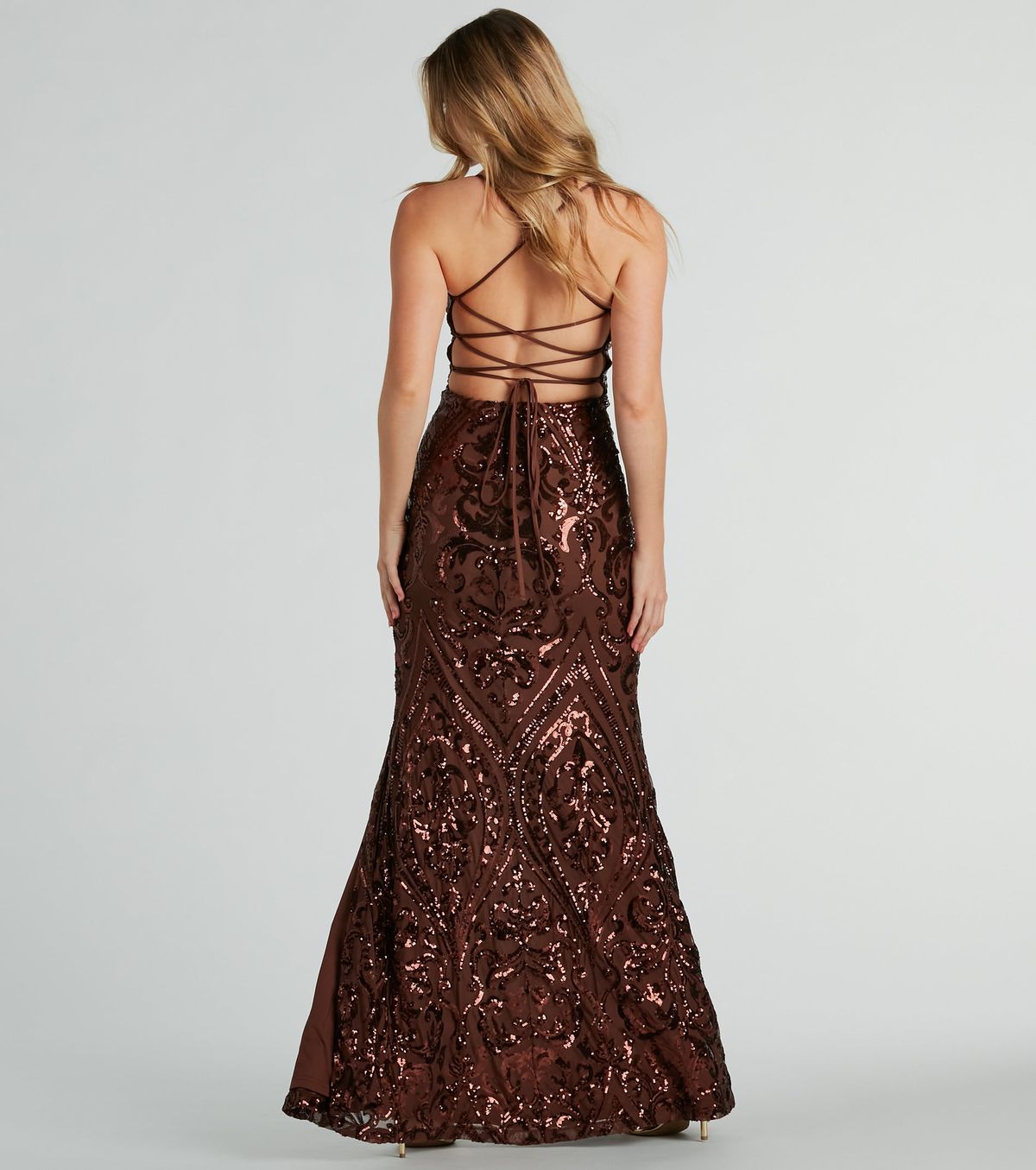 Style 05002-7930 Windsor Size M Bridesmaid Sequined Brown Side Slit Dress on Queenly