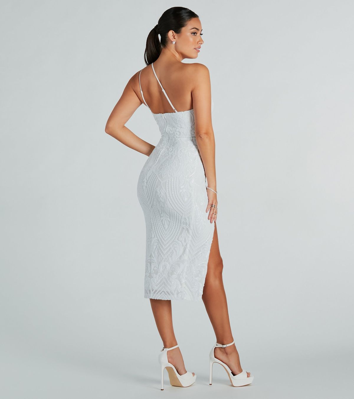 Style 05001-1643 Windsor Size M Prom One Shoulder Sheer White Side Slit Dress on Queenly