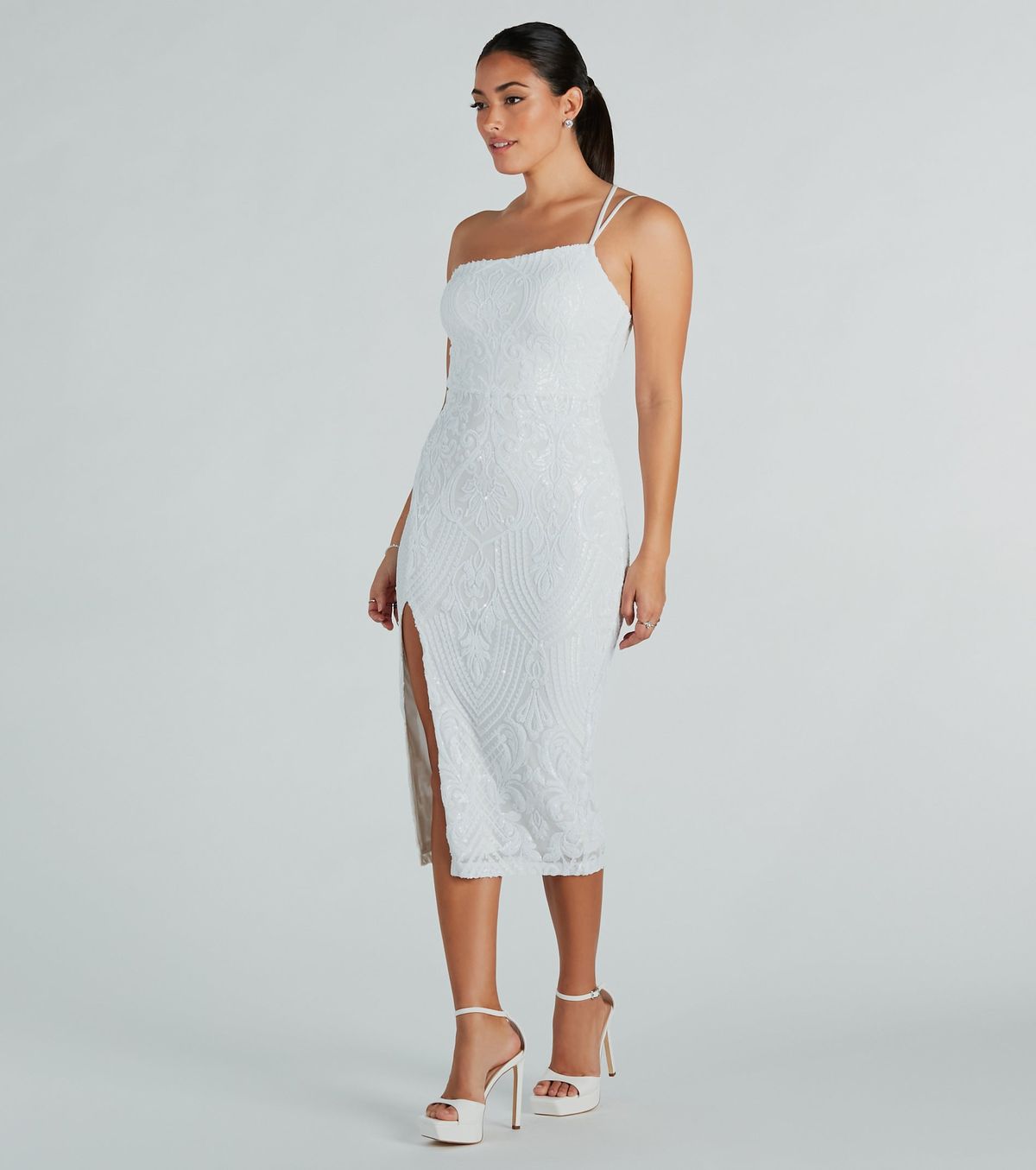 Style 05001-1643 Windsor Size L Prom One Shoulder Sheer White Side Slit Dress on Queenly