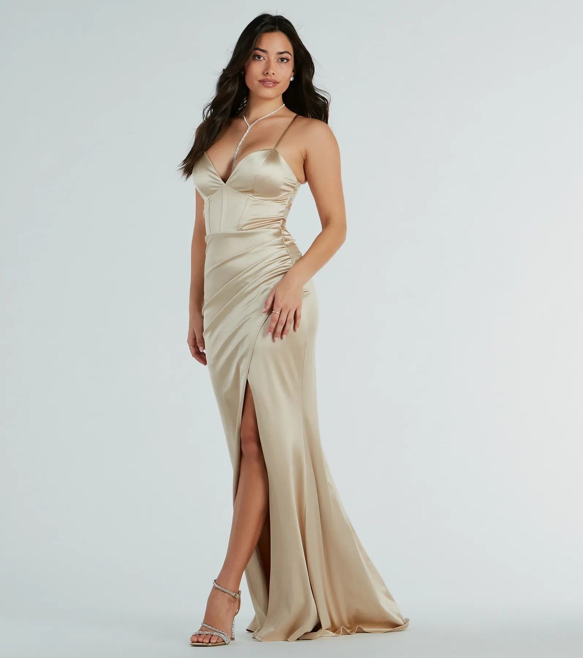Style 05002-8209 Windsor Size XS Bridesmaid Sheer Gold Side Slit Dress on Queenly