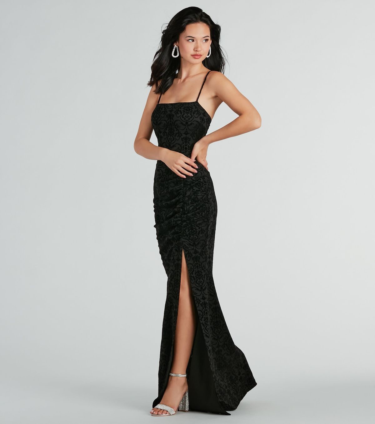 Style 05002-7755 Windsor Size S Bridesmaid Velvet Black Side Slit Dress on Queenly