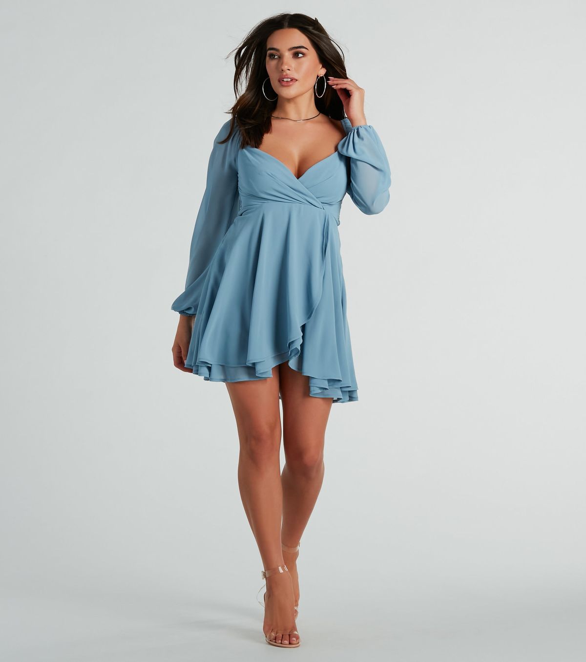 Style 05101-3139 Windsor Size S Wedding Guest Long Sleeve Sheer Blue Cocktail Dress on Queenly