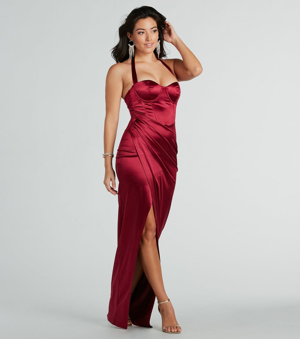 Style 05002-8239 Windsor Size L Bridesmaid Halter Satin Red Side Slit Dress on Queenly