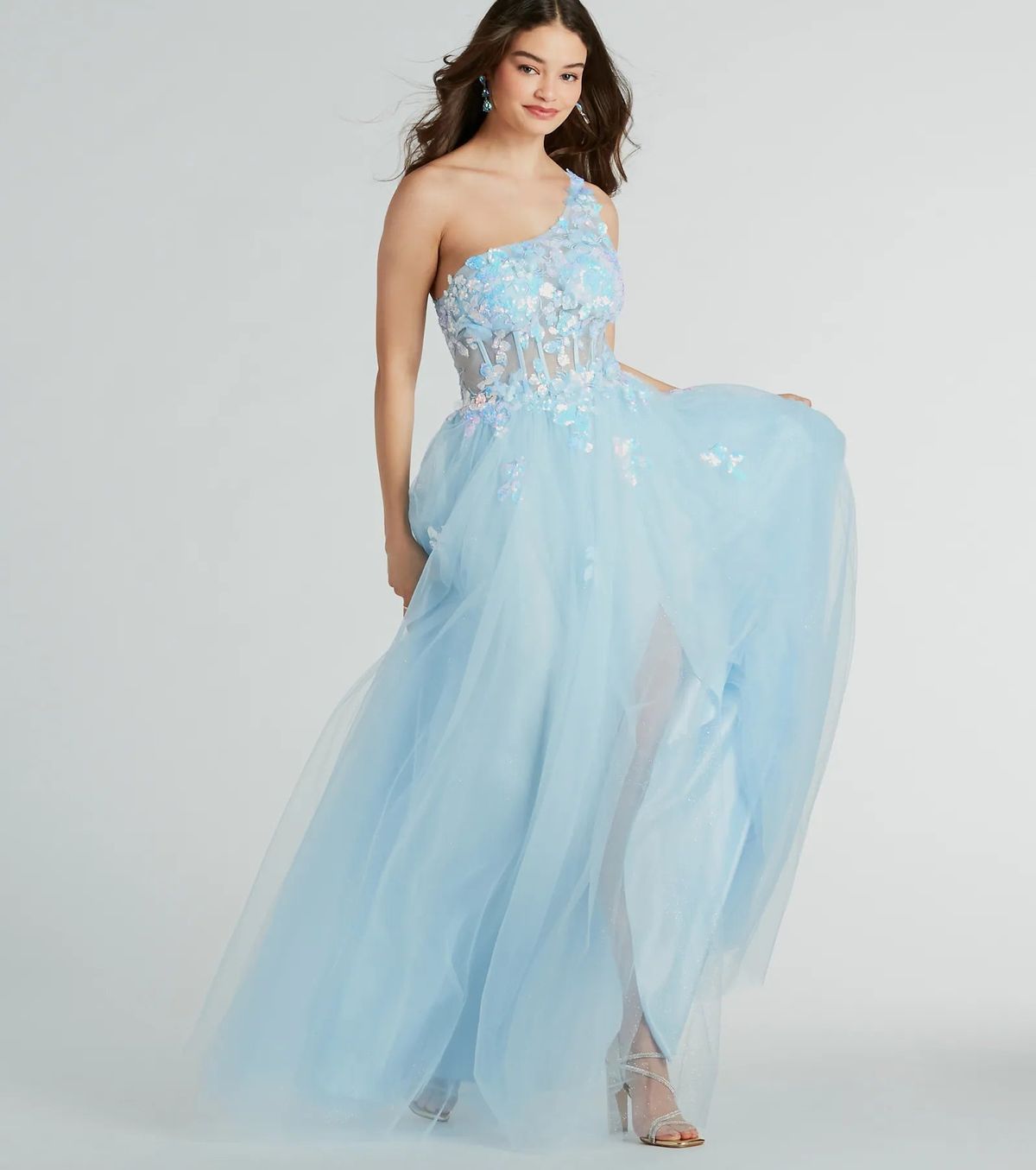 Style 05005-0123 Windsor Size 0 Prom One Shoulder Sequined Blue Side Slit Dress on Queenly