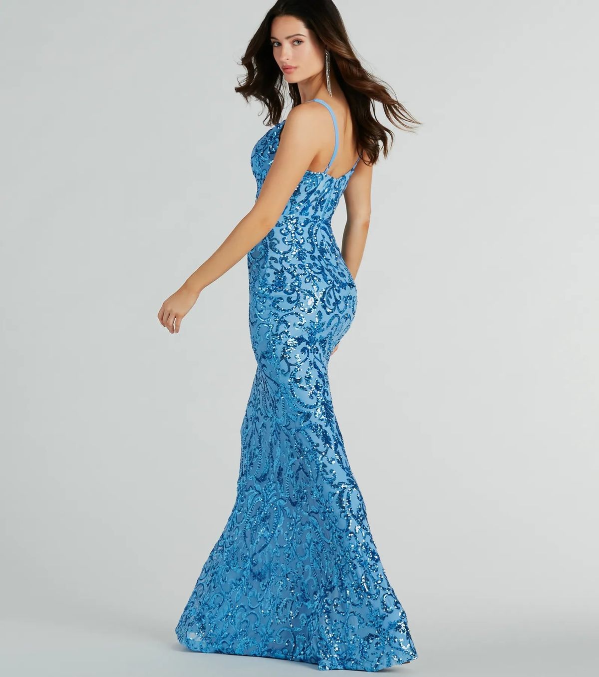Style 05002-7956 Windsor Size L Prom Sheer Blue Mermaid Dress on Queenly