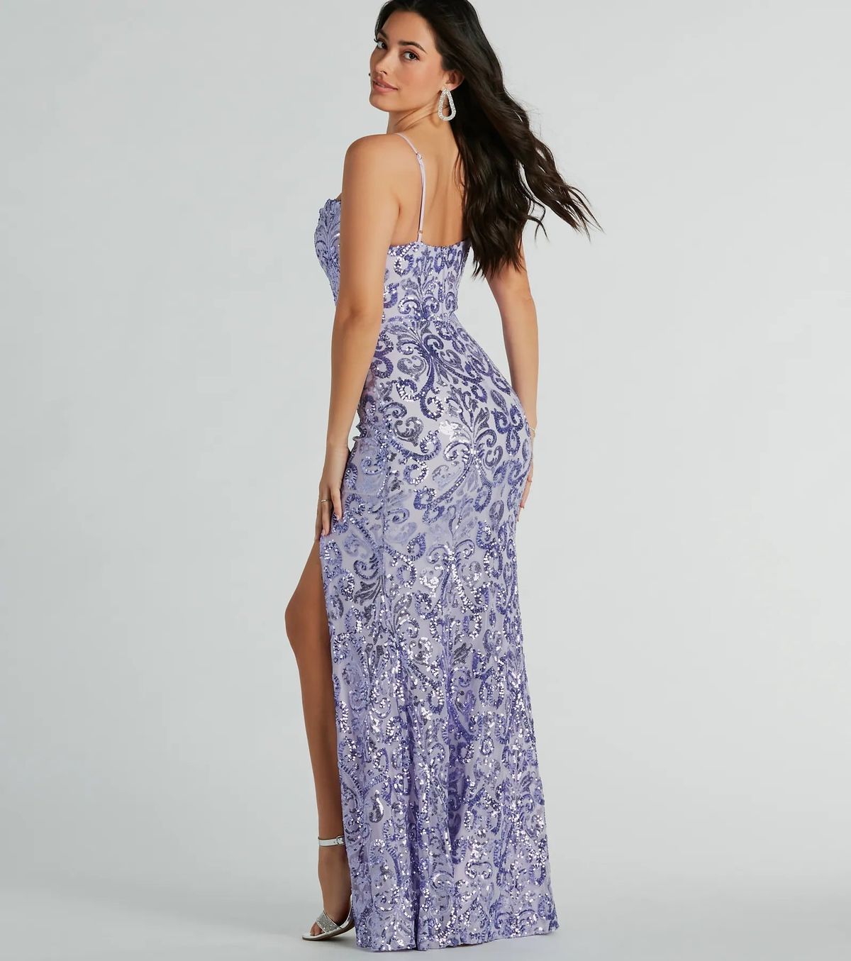 Style 05002-8089 Windsor Size M Prom Sheer Purple Side Slit Dress on Queenly