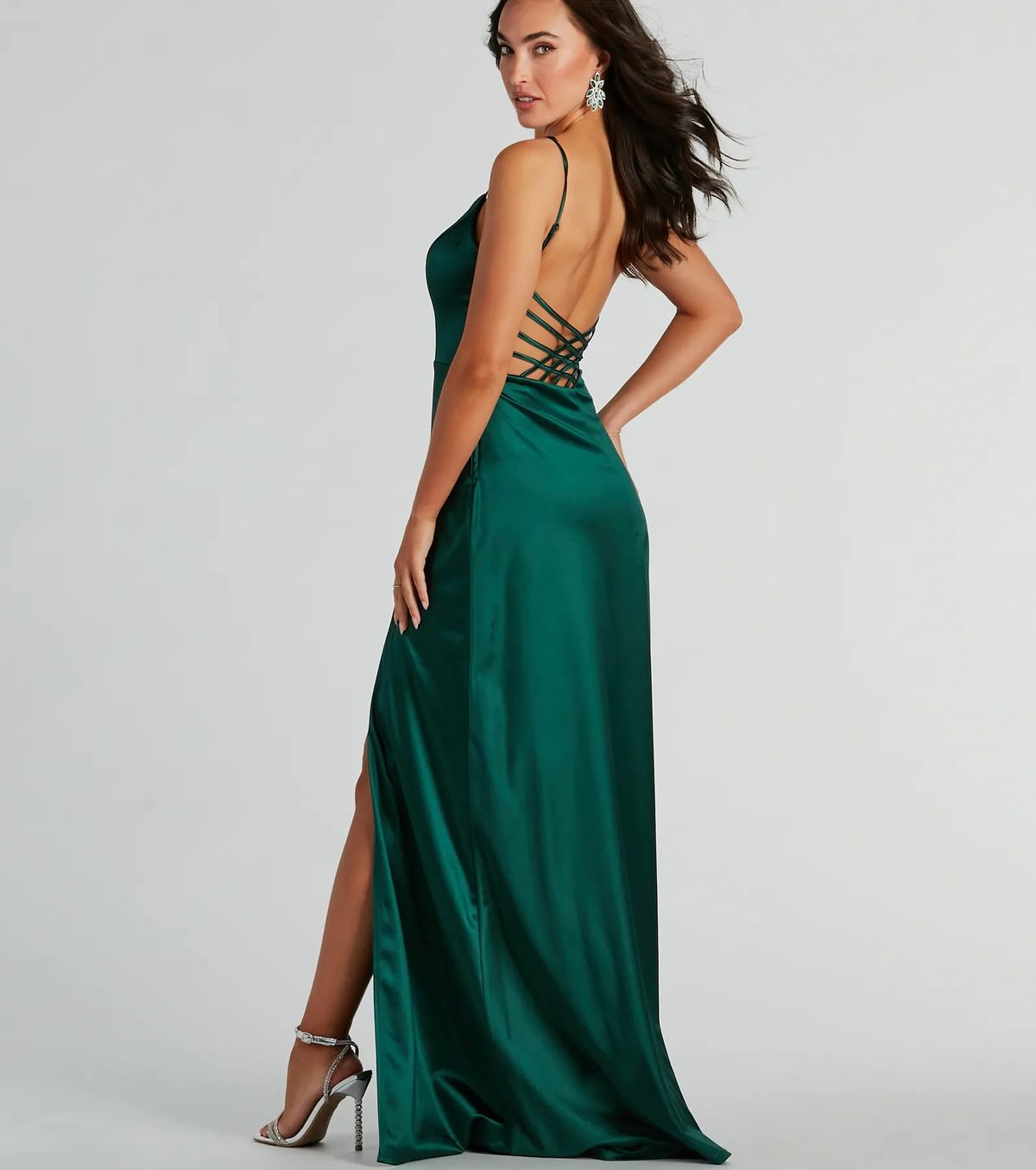Style 05002-8068 Windsor Size 0 Bridesmaid Satin Green Side Slit Dress on Queenly