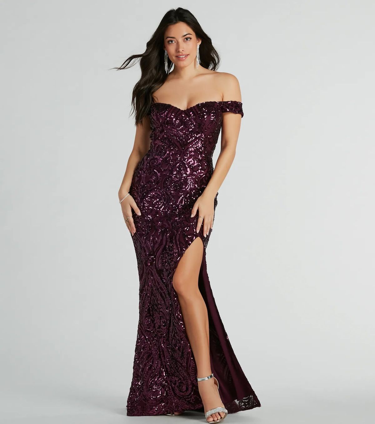 Style 05002-8073 Windsor Size S Bridesmaid Off The Shoulder Sheer Purple Side Slit Dress on Queenly