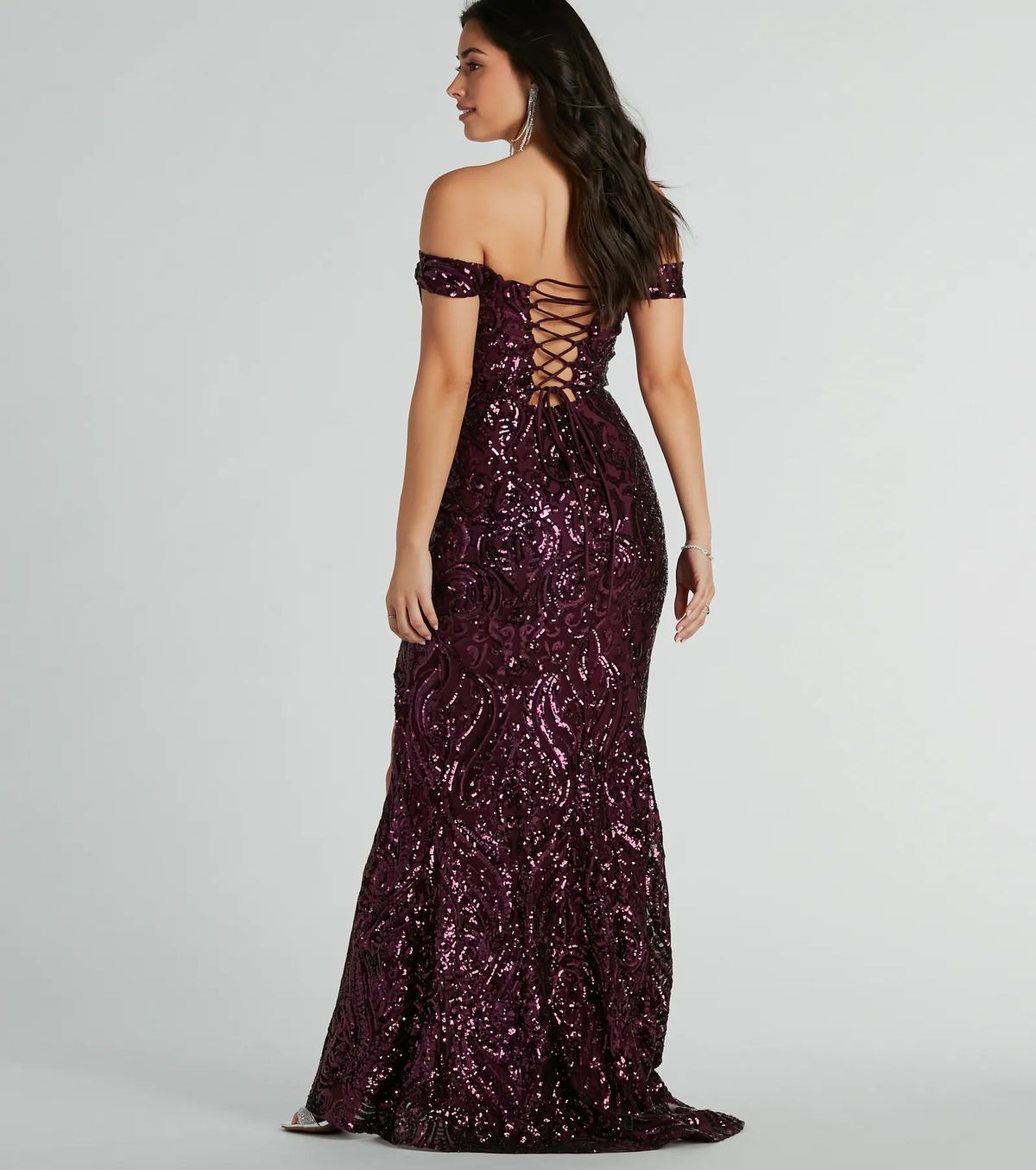 Style 05002-8073 Windsor Size M Bridesmaid Off The Shoulder Sheer Purple Side Slit Dress on Queenly