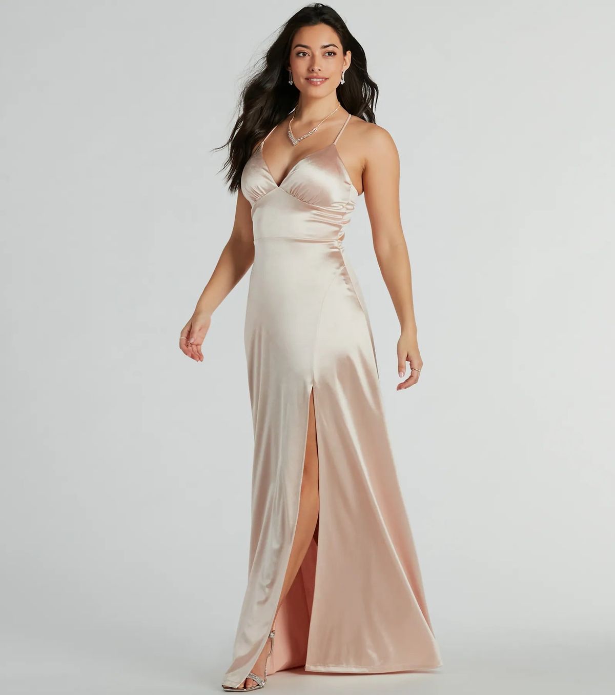 Style 05002-8130 Windsor Size XS Bridesmaid Satin Gold Side Slit Dress on Queenly