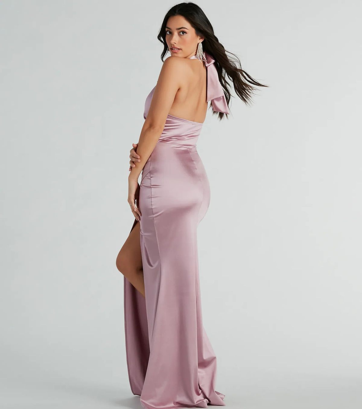Style 05002-8249 Windsor Size M Bridesmaid High Neck Satin Pink Side Slit Dress on Queenly