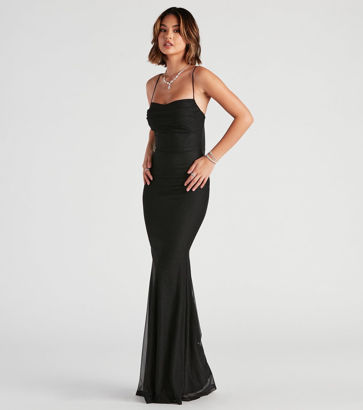 Style 05002-2460 Windsor Size L Bridesmaid Sheer Black Floor Length Maxi on Queenly