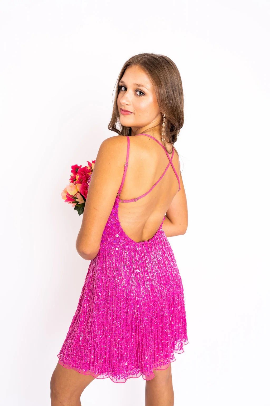 Style 1010 Aleta Size 6 Prom Plunge Sequined Hot Pink Cocktail Dress on Queenly