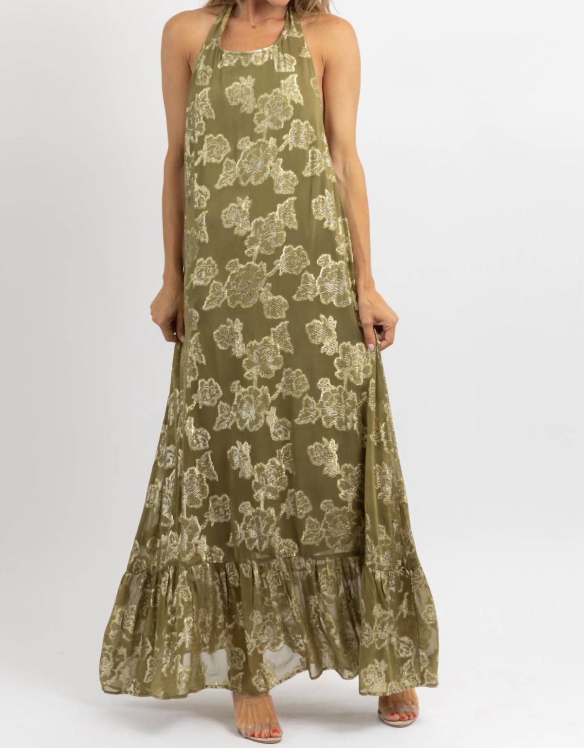 Style 1-2125475042-2696 DRESS FORUM Size L Halter Floral Green Floor Length Maxi on Queenly