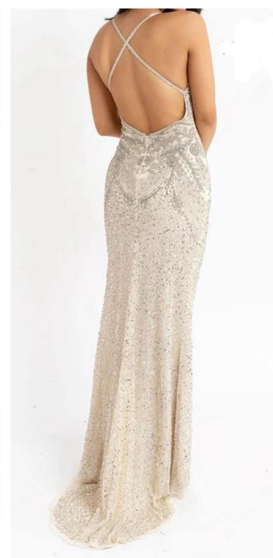 Style 3724 Primavera Size 00 Prom Plunge Sequined Nude Side Slit Dress on Queenly