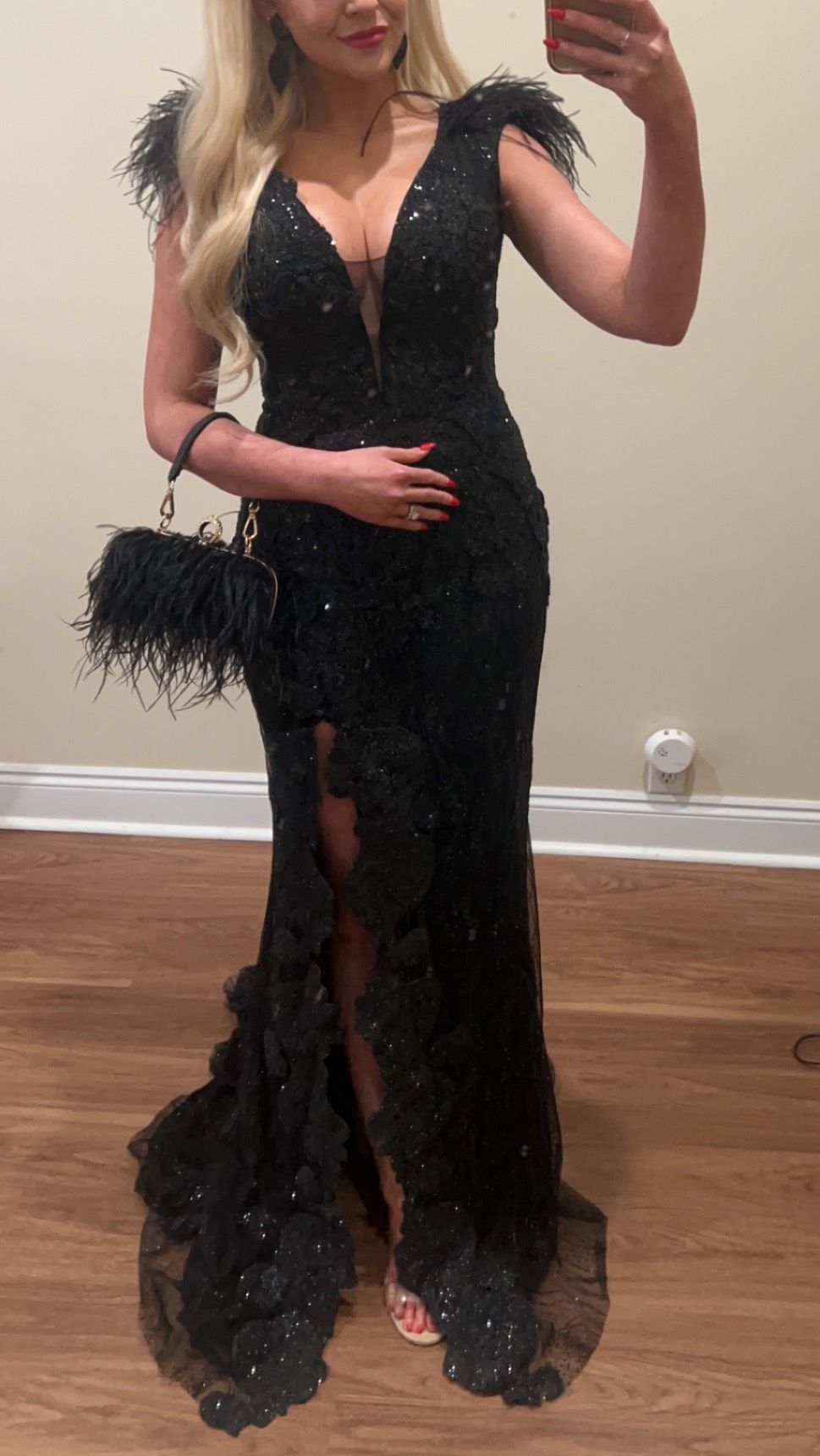 Style PS6072 Portia and Scarlett Size 6 Prom Plunge Lace Black Side Slit Dress on Queenly