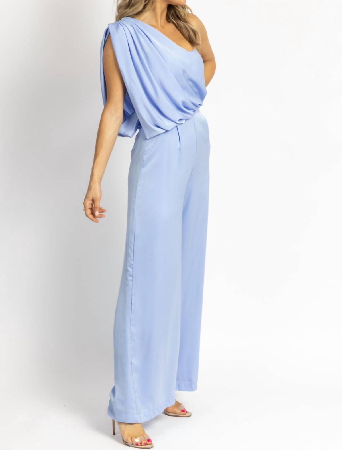Style 1-4223292893-3236 DO+BE Size S One Shoulder Sequined Blue Formal Jumpsuit on Queenly