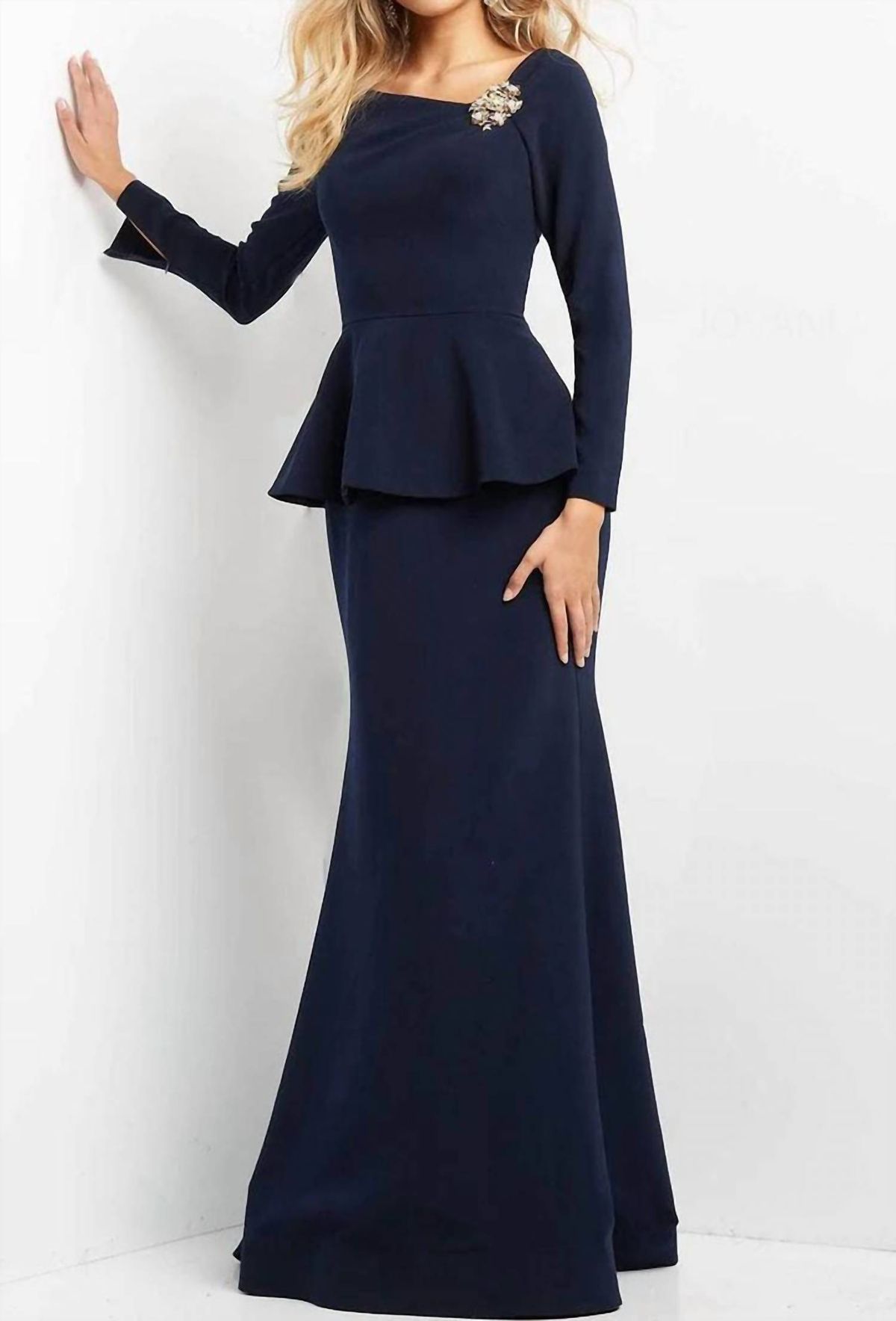 Style 1-586896556-1498 JOVANI Size 4 Pageant Long Sleeve Floral Navy Blue Floor Length Maxi on Queenly