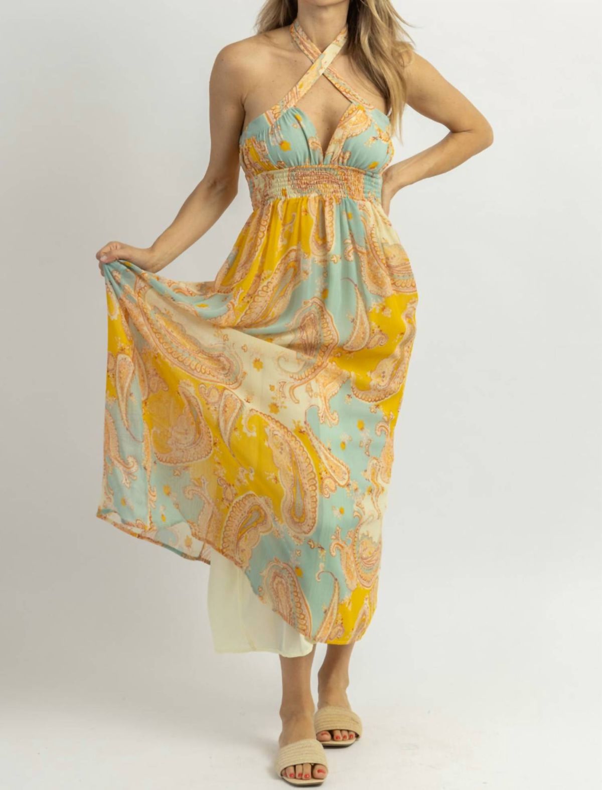 Style 1-683882612-2696 DRESS FORUM Size L Halter Yellow Cocktail Dress on Queenly