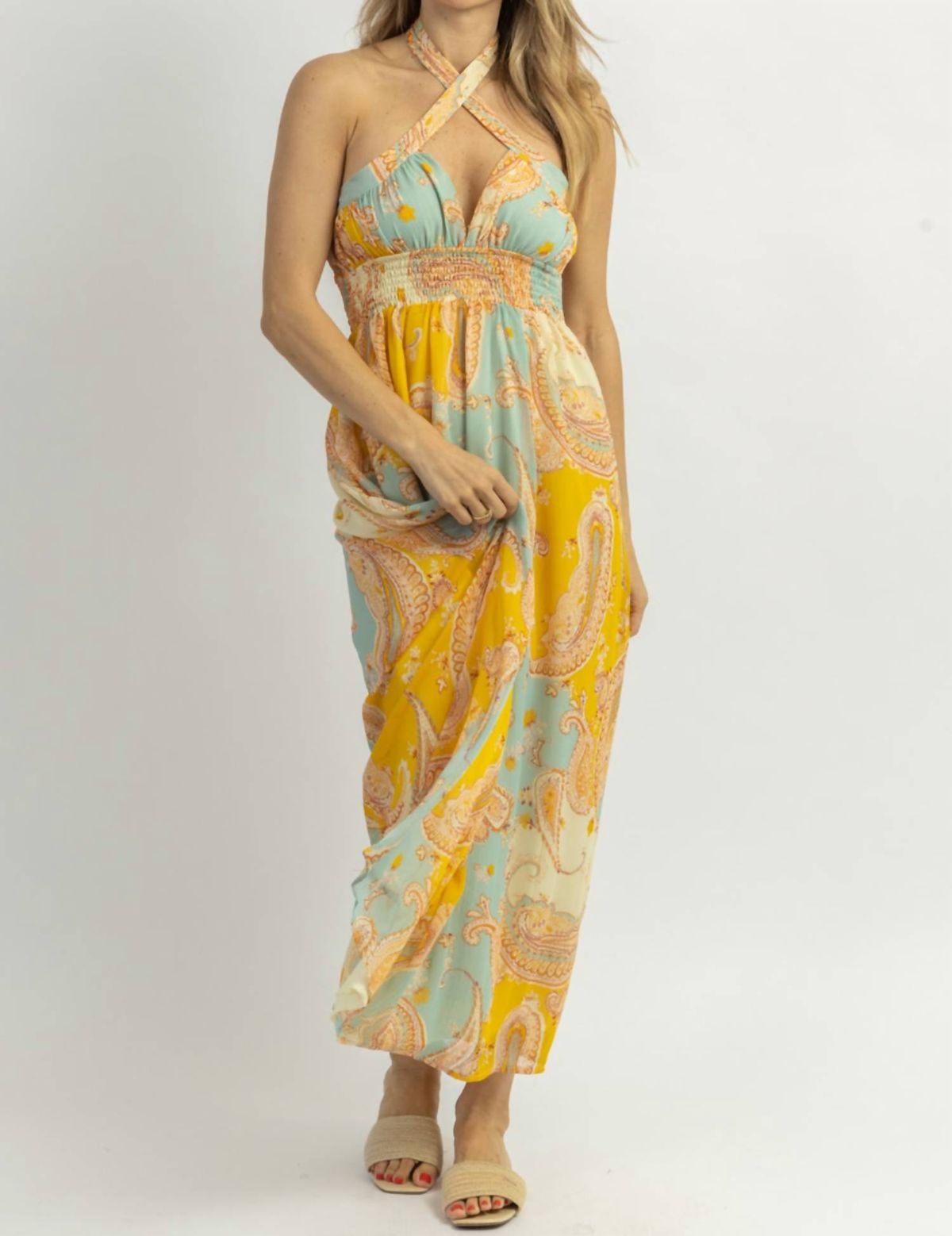 Style 1-683882612-2696 DRESS FORUM Size L Halter Yellow Cocktail Dress on Queenly