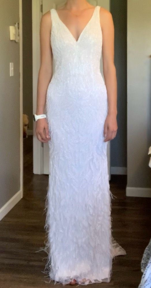 Sherri Hill Size 4 Wedding Plunge Sequined White Floor Length Maxi on Queenly