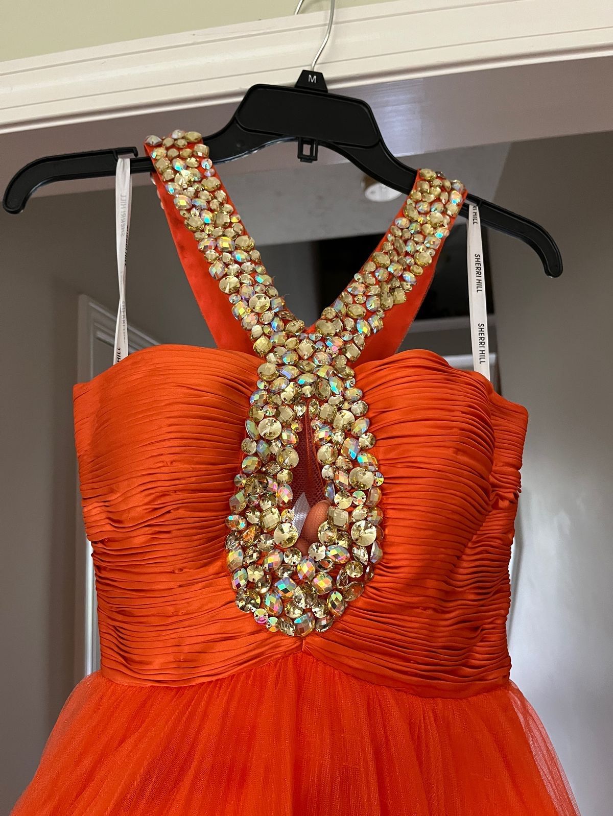 Sherri Hill Size 0 Prom Halter Sequined Orange Cocktail Dress on Queenly