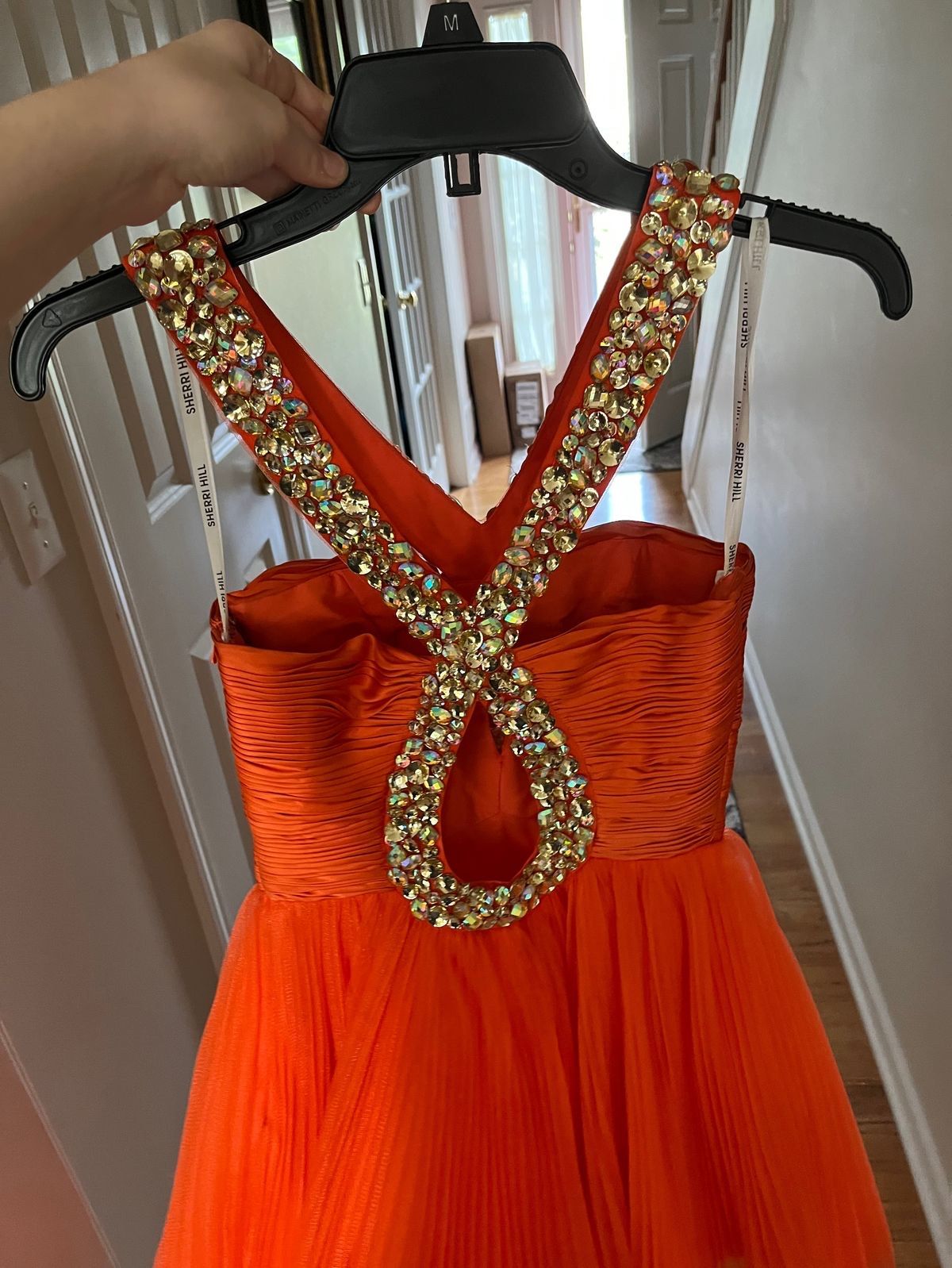 Sherri Hill Size 0 Prom Halter Sequined Orange Cocktail Dress on Queenly