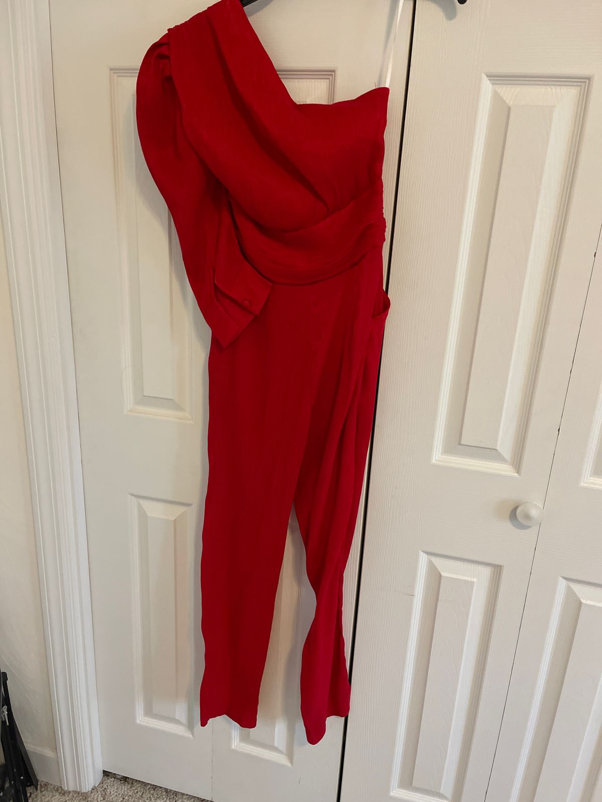Size S One Shoulder Red Formal Jumpsuit on Queenly