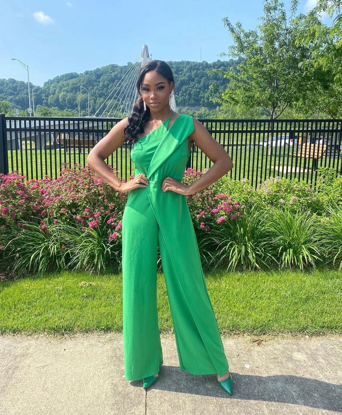 Size M Prom One Shoulder Green Formal Jumpsuit on Queenly
