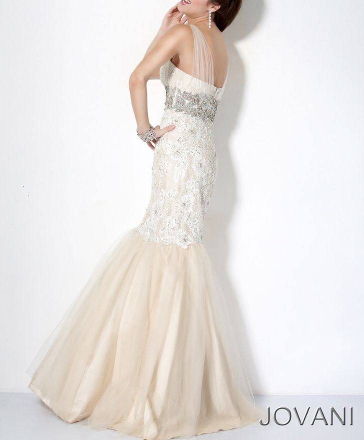 Style 158908 Jovani Size 8 Lace Nude Mermaid Dress on Queenly
