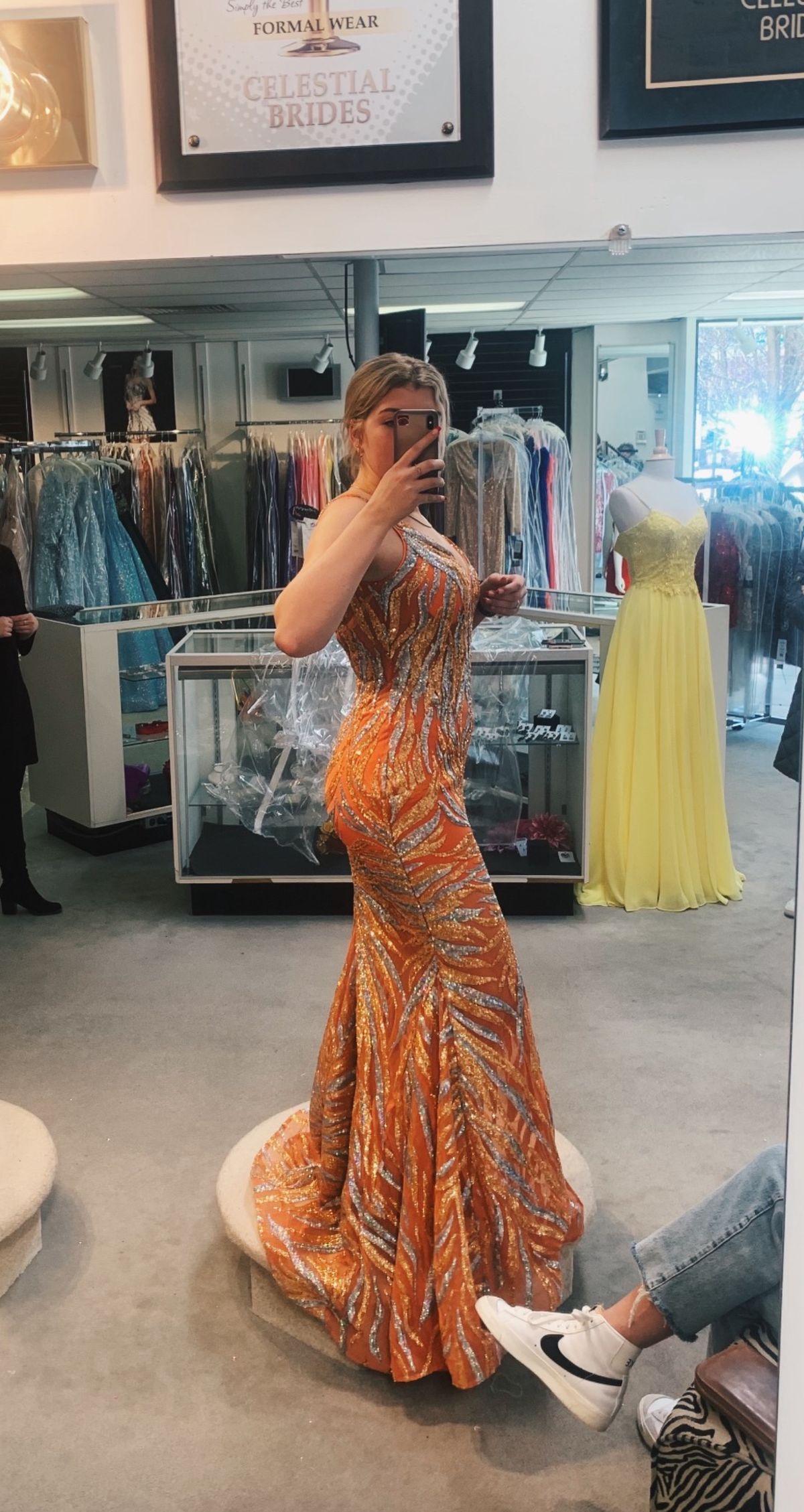 Style 06153 Jovani Size 6 Prom Plunge Orange A-line Dress on Queenly