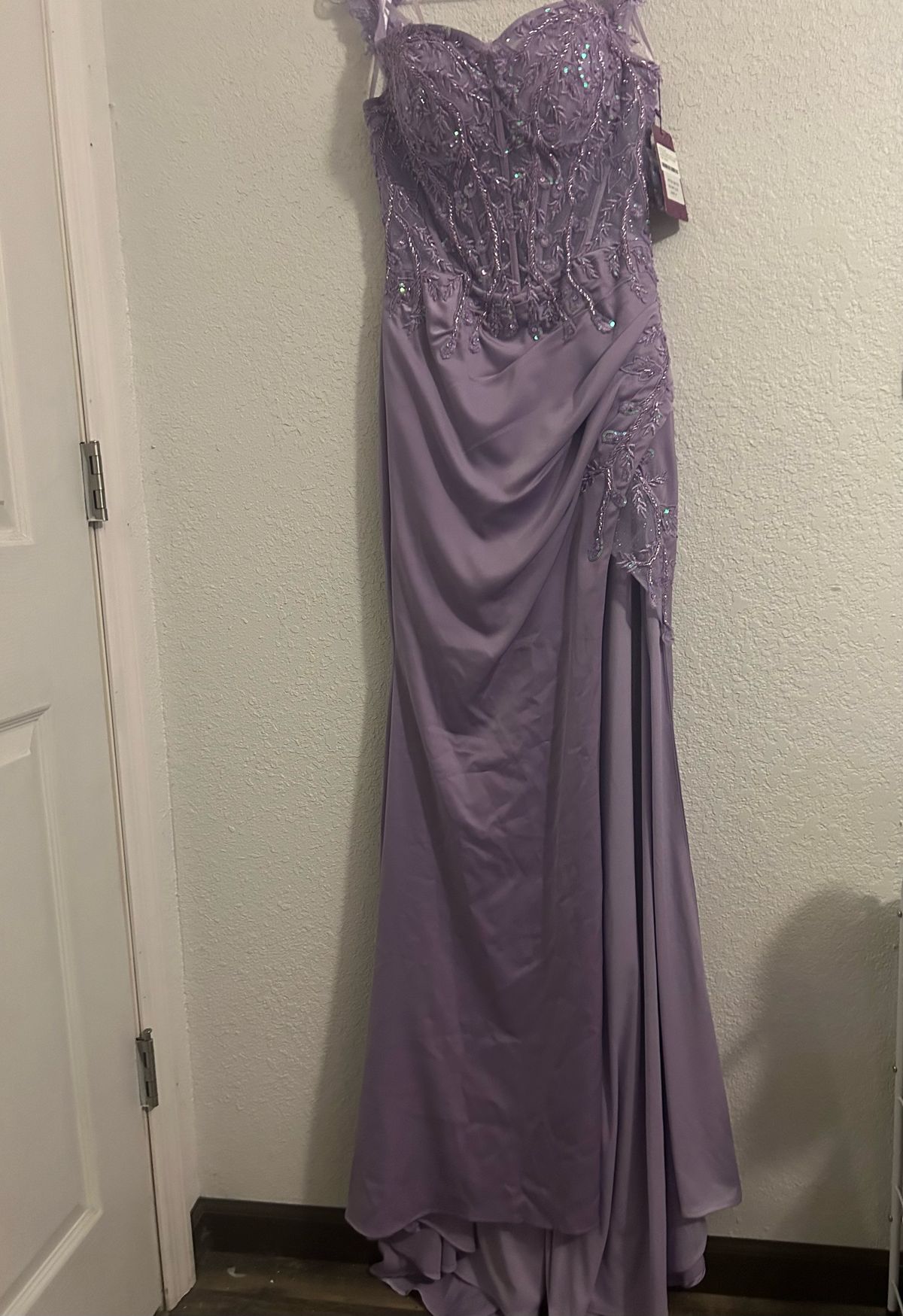 Style 90176 Abby Paris Size 6 Off The Shoulder Purple Side Slit Dress on Queenly