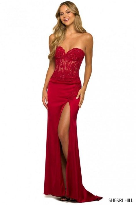 Style 55400 Sherri Hill Size 4 Prom Strapless Satin Red Floor Length Maxi on Queenly