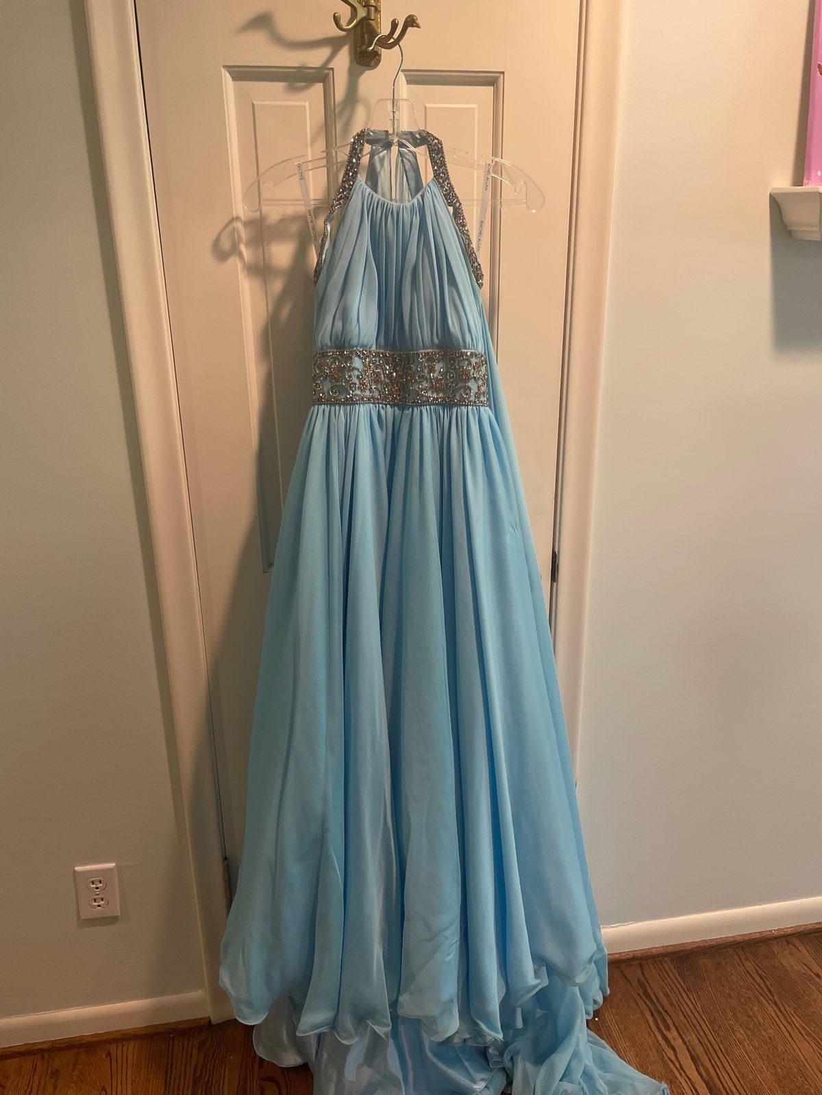 Style 10041 Rachel Allan Girls Size 10 Pageant Halter Light Blue Ball Gown on Queenly