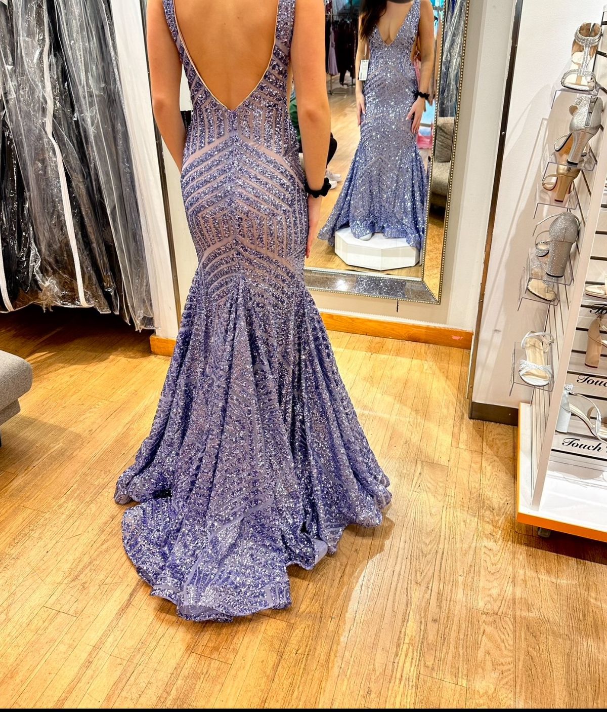 Style 59762 Jovani Size 4 Prom Plunge Purple Mermaid Dress on Queenly
