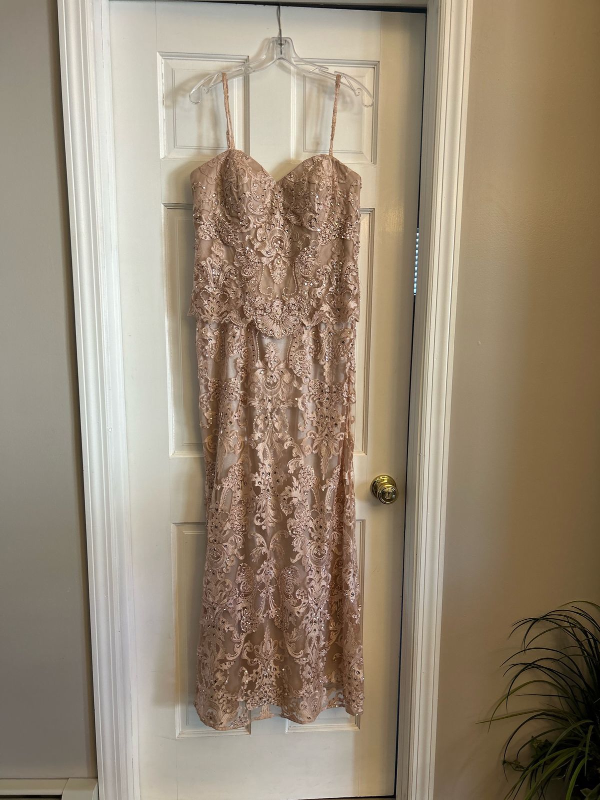 Size 12 Prom Plunge Lace Pink Floor Length Maxi on Queenly