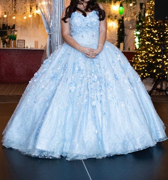 Size 12 Off The Shoulder Blue Ball Gown on Queenly