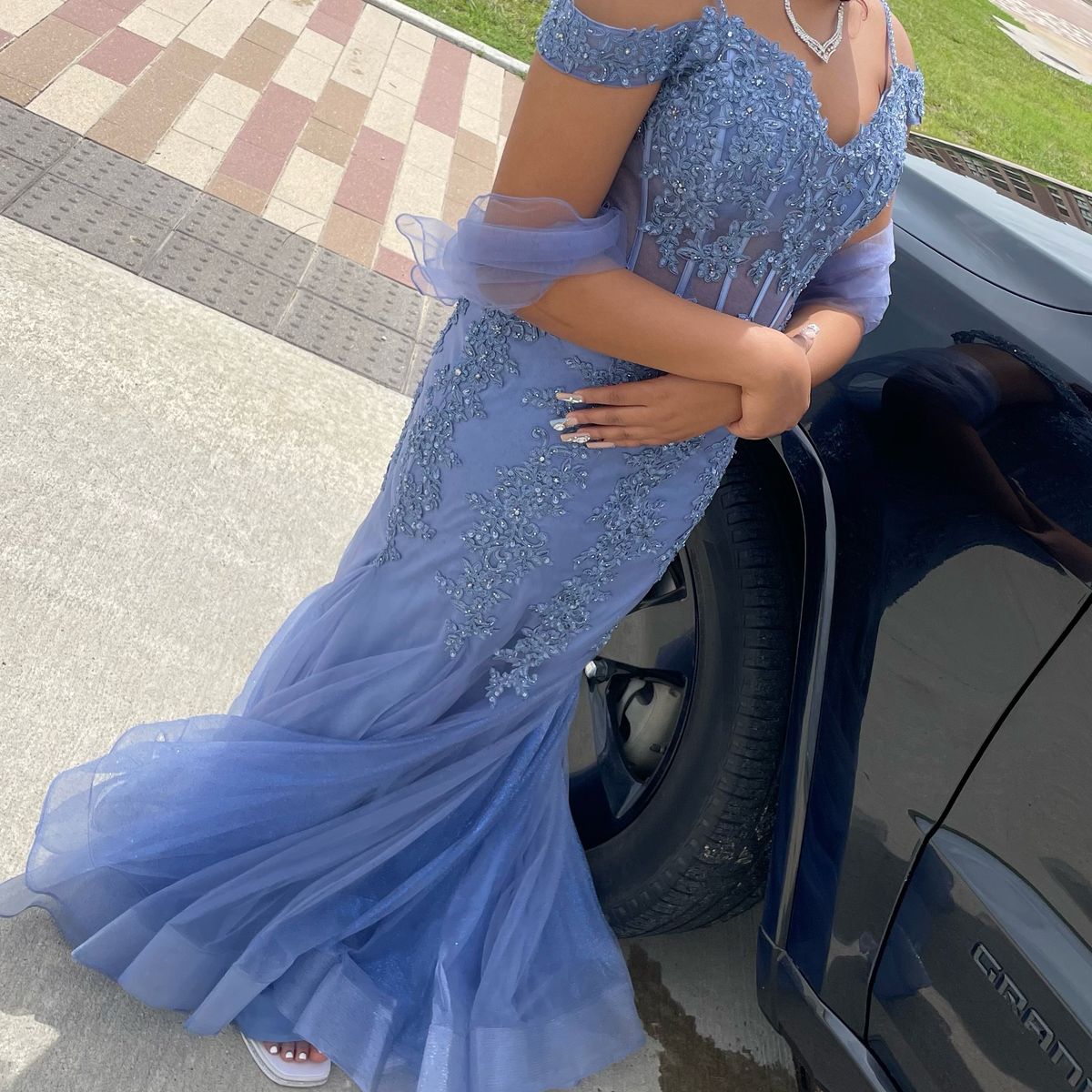 Size L Prom Off The Shoulder Blue Ball Gown on Queenly