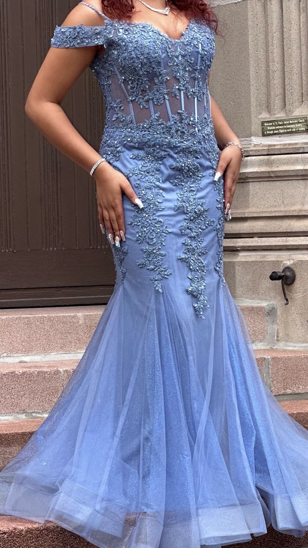 Size L Prom Off The Shoulder Blue Ball Gown on Queenly