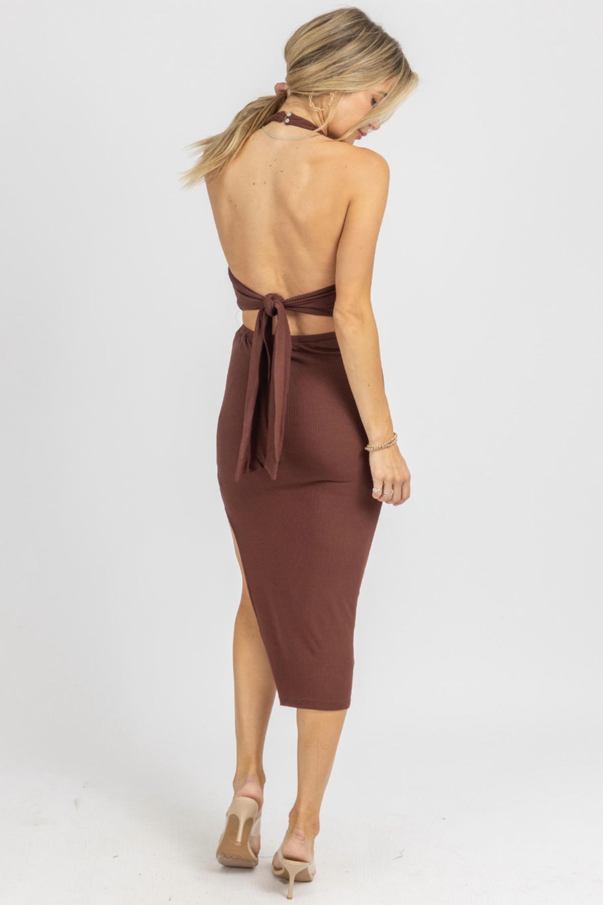 Style 1-1097763638-2696 ENDLESS BLU. Size L Halter Brown Cocktail Dress on Queenly