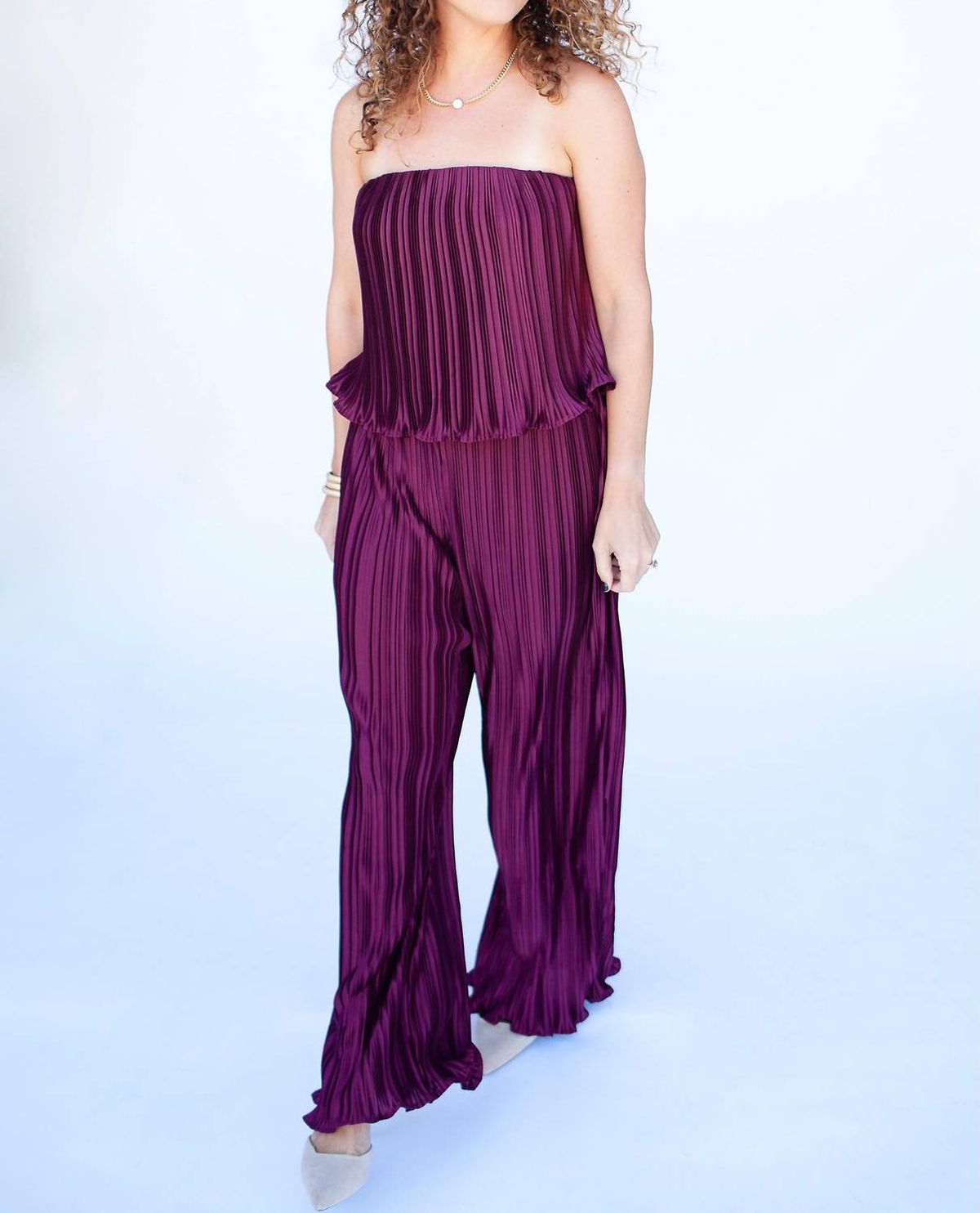 Style 1-1661876238-2791 SHE + SKY Size L Strapless Sequined Burgundy Purple Formal Jumpsuit on Queenly