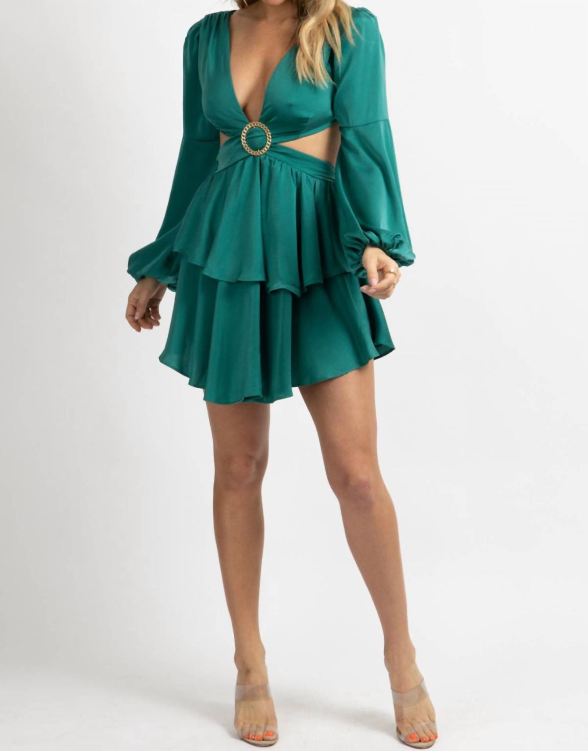 Style 1-4162628921-2696 LUXXEL Size L Long Sleeve Sheer Emerald Green Cocktail Dress on Queenly