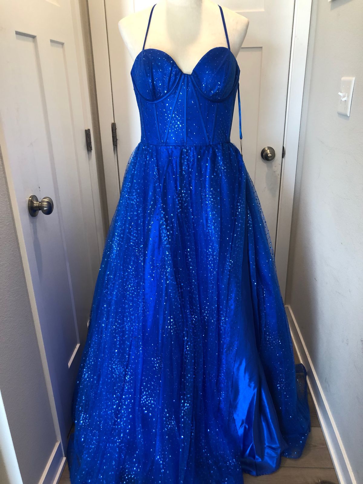 Amelia Couture Size 12 Plunge Blue A-line Dress on Queenly