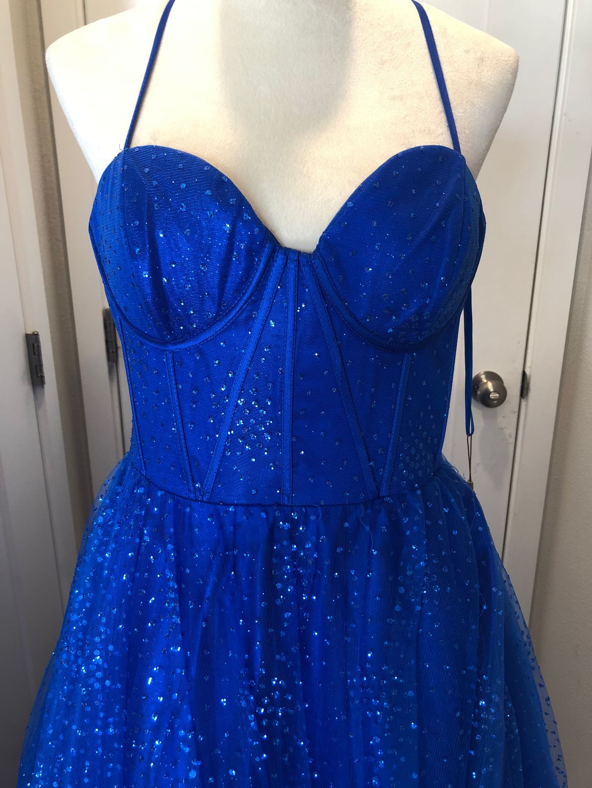Amelia Couture Size 12 Plunge Blue A-line Dress on Queenly