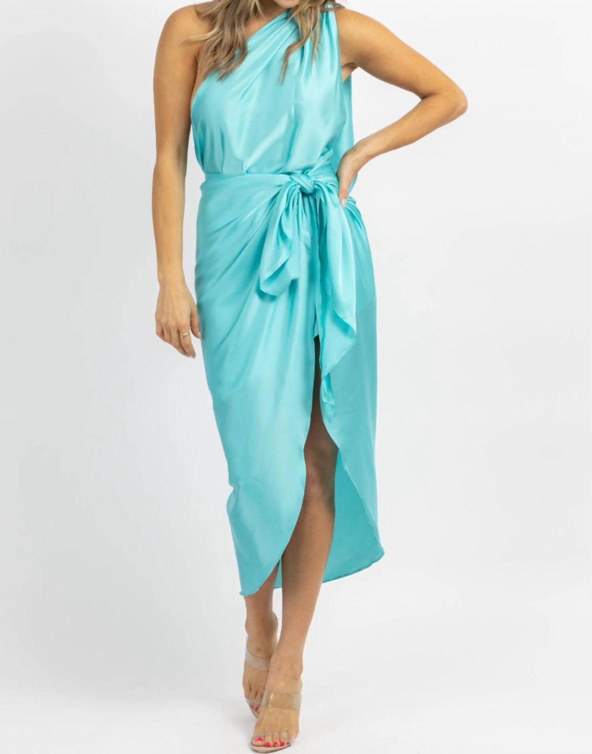 Style 1-71598680-2696 LUXXEL Size L One Shoulder Turquoise Blue Side Slit Dress on Queenly